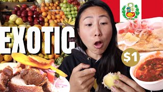 EXOTIC 🇵🇪 Peruvian fruits amp Peruvian street food Mercado San Camilo AREQUIPA Perú CHEAP EATS [upl. by Ainitsirk]