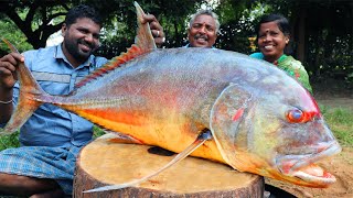 30 KG TREVALLY FISH  Giant Fish Cutting and Cooking in Village  Paarai Meen Pepper Recipe [upl. by Cuttie]