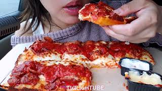 EATING Pizza Hut DETROIT STYLE DOUBLE CHEESY PEPPERONI PIZZA  ASMR MUKBANG [upl. by Elamaj]