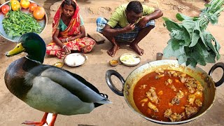 DUCK MEAT CURRY with tomato cooking and SHAK VAJI for tribal grandmaduck cookingrural poor life [upl. by Araas39]