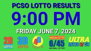 9pm Lotto Results Today June 7 2024 Friday ez2 swertres 2d 3d pcso [upl. by Baylor]