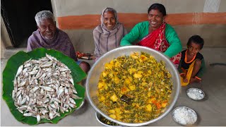 Small fish and radish spinach recipe  tiny small fish recipe cooking in village style  tribe food [upl. by Parfitt]