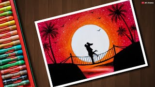 Couple on Bridge scenery drawing with Oil Pastels  step by step [upl. by Taka]