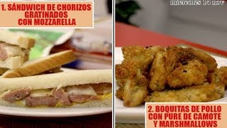 1 SÁNDWICH DE CHORIZOS CON MOZZARELLA 2 BOQUITAS DE POLLO CON PURE DE CAMOTE Y MARSHMALLOWS [upl. by Blunk122]