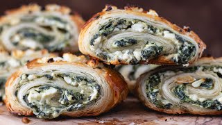 Spinach and Feta Cheese Puff Pastry Rolls  Easy Appetizer Recipe [upl. by Akselaw314]