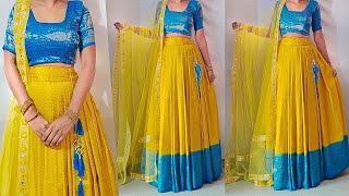 Convert Saree into Lehenga  Lehenga skirt cutting stitching  princess cut blouse cutting stitching [upl. by Sheila248]