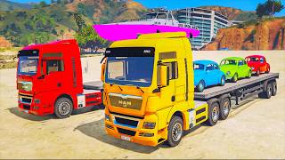 Double Flatbed Trailer Truck Police Boat Small Cars and Trucks GTA 5 [upl. by Ettennyl]