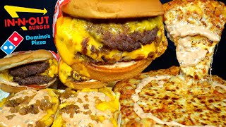 ASMR MUKBANG ANIMAL STYLE INNOUT DOUBLE BURGERS EXTRA CHEESE PIZZA amp FRIES  WITH CHEESE amp RANCH [upl. by Dinah]