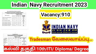 Indian Navy Tradesman Recruitment 2023NECET1 Vacancy 910 Central Government jobs tamil [upl. by Yecart786]