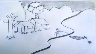 Beautiful Village Landscape  Drawing by Pencil  Easy Techniques  Farmin Art [upl. by Karrah]