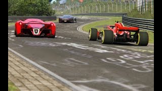 F1 Ferrari SF71H 18 vs Ferrari F80 vs Bugatti Chiron vs MercedesBenz Vision GT at Nordschleife [upl. by Inatirb926]