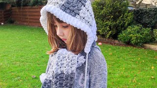 Crochet 52 How to crochet Hooded scarf with pom poms [upl. by Clyde]