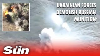 Ukrainian paratroopers demolish enemy munition during precision strikes [upl. by Busiek]