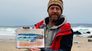 Plein Air Sketching with Oil Sticks  Godrevy Beach Cornwall [upl. by Ahsaelat]