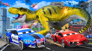 Dinosaur Attack on Cars Giant TRex Destroys City  Monster Trucks Police Cars Rescue Compilation [upl. by Phedra66]