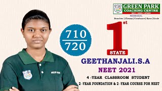 NEET UG 2021 TN TOPPER GEETHANJALI S A  710720 STATE FIRST GREEN PARK COACHING CENTRENAMAKKAL [upl. by Arikat]