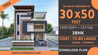 30x50 House Design 3D  1500 Sqft  167 Gaj  3 BHK  Modern Design  Terrace Garden  9x15 Meters [upl. by Oigufer]