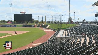 Dow Diamond extends the protective netting ahead of their next game [upl. by Ike]