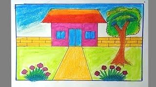 Beautiful House Scenery Drawing Tutorial Colour Pencil [upl. by Arym901]