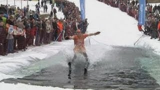 Daredevils try to ski over ice cold puddle in Russia [upl. by Chadwick]