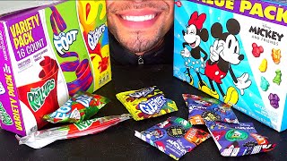 ASMR Eating Disney Mickey Mouse Candy Mukbang Jerry Food Treats Party Fruit Snacks RollUps Gushers [upl. by Aivlis]