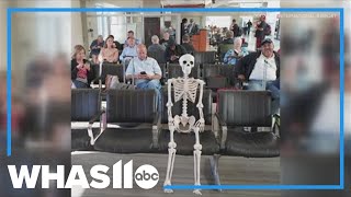 Skeleton decoration popping up in odd places around Louisville Airport for Halloween [upl. by Noami]