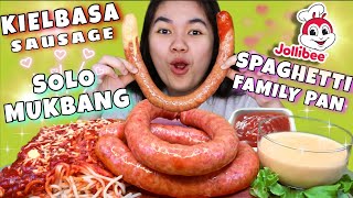 KIELBASA SAUSAGE at SPAGHETTI JOLLIBEE FAMILY PAN MUKBANG Pinoy Mukbang Philippines Mukbang [upl. by Atrim]