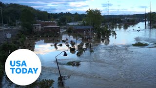 Flooding damage debris along French Broad River in Asheville NC  USA TODAY [upl. by Corney]