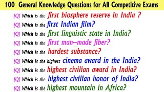 100 General Knowledge Questions for All Competitive Exams  India Gk  India Gk In English [upl. by Saberhagen]