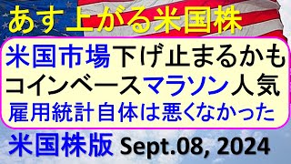 米国株の株式投資。雇用統計で米国株が急落、FOMCとアメリカ株。コインベースとマラソンの株価～あす上がる株米国版。Sept 08 2024。最新のアメリカ株価と株式投資。高配当株やデイトレ情報も [upl. by Nadroj130]