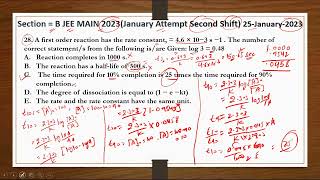 Section  B jeemain  Shift 2 25January2023 A first order reaction has the rate constant [upl. by Enelram140]