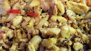 Tasty Jamaican Ackee and saltfish with roast bread fruit  Jamaican National Dish [upl. by Pegasus566]