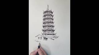 Drawing China Pagoda Street Timelapse drawing [upl. by Eenoj]