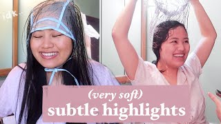 bleaching my hair with a highlighting cap  subtle highlights on dark hair [upl. by Aneelehs]