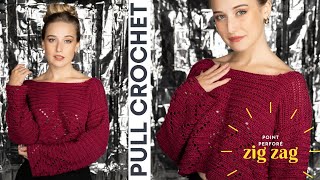 PULL AU CROCHET 😍 POINT ZIG ZAG PERFORÉ 🌸 Crelya Handmade [upl. by Seif54]