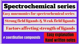 Spectrochemical seriesStrong field ligands and weak field ligandscoordinationcompounds [upl. by Platon]