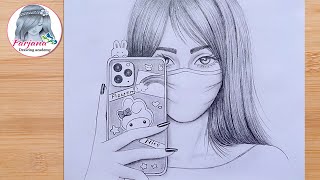 How to draw A girl taking a selfie with wearing a mask  Step by Step Pencil Sketch for beginners [upl. by Elva]