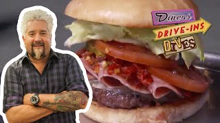 Guy Fieri Eats a Cold CutTopped BURGER  Diners DriveIns and Dives  Food Network [upl. by Aneek371]