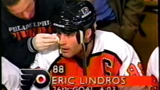 Flyers Lindros 5th Season 199697 Goals 2432  9th Hat Trick 4 Goal Game Boughner Fight Suspension [upl. by Nyad]