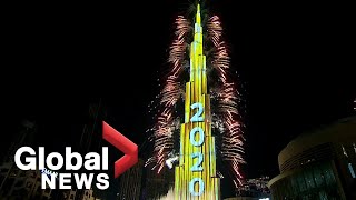 New Years 2020 Dubai puts on stunning fireworks show at worlds tallest building [upl. by Ilarin]