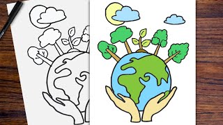 How to Draw Save Earth  Earth in Hands easy step by step Drawing Tutorial [upl. by Haldas]