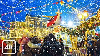 【4K】Moscow Christmas Lights  Moscow Night Walk in the Snow [upl. by Enileda]