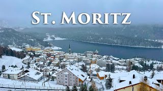 St Moritz Switzerland 4K  Snowy Scenic Walk Relaxing Snowfall Video  Travel Vlog Walking Tour [upl. by Blackmun]