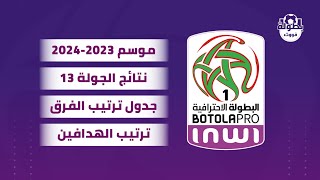 نتائج الجولة 13 و ترتيب البطولة المغربية 20232024 و ترتيب الهدافين [upl. by Akerdna]