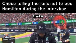 Checo Perez telling the fans not to boo at Lewis Hamilton  Mexican GP F1 [upl. by Anetsirhc78]