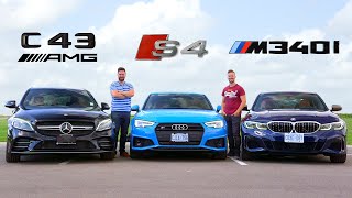 2020 BMW M340i vs Audi S4 vs Mercedes C43 AMG  Performance Sedan FaceOff [upl. by Ambrosi273]