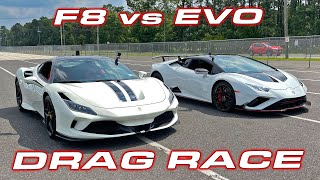 Time to sell the EVO  Lamborghini Huracan Rear Wheel Drive vs Ferrari F8 Tributo Drag Race [upl. by Llerdnod]