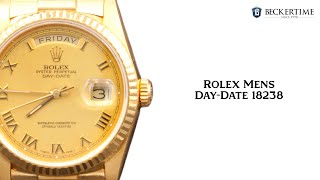 Mens Rolex 18K Gold DayDate President Watch Gold Champagne Roman Dial 18238 [upl. by Homerus]