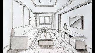 How to draw a living room in one point perspective [upl. by Jerald]