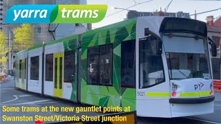 Some trams at the new gauntlet points at Swanston StreetVictoria Street junction [upl. by Obau]